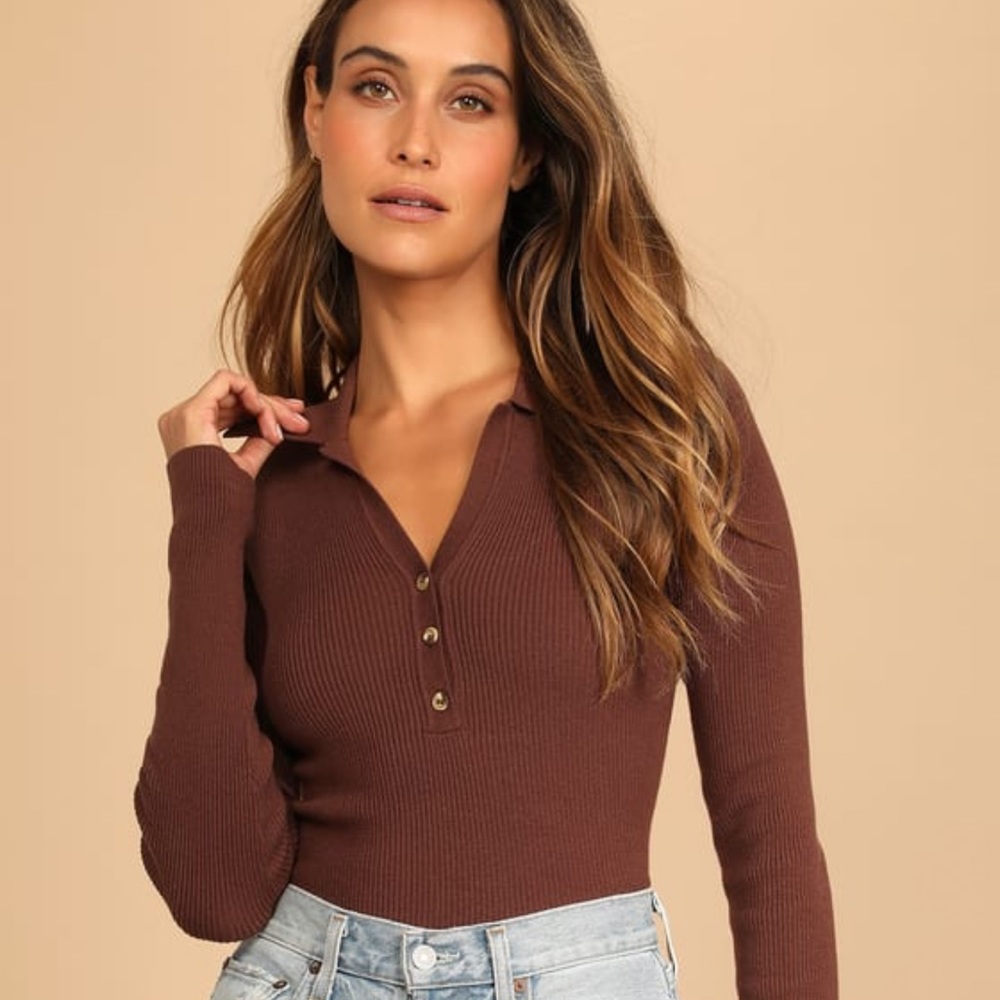 Lulus Study Session Brown Ribbed Button-Up Collared Sweater Top